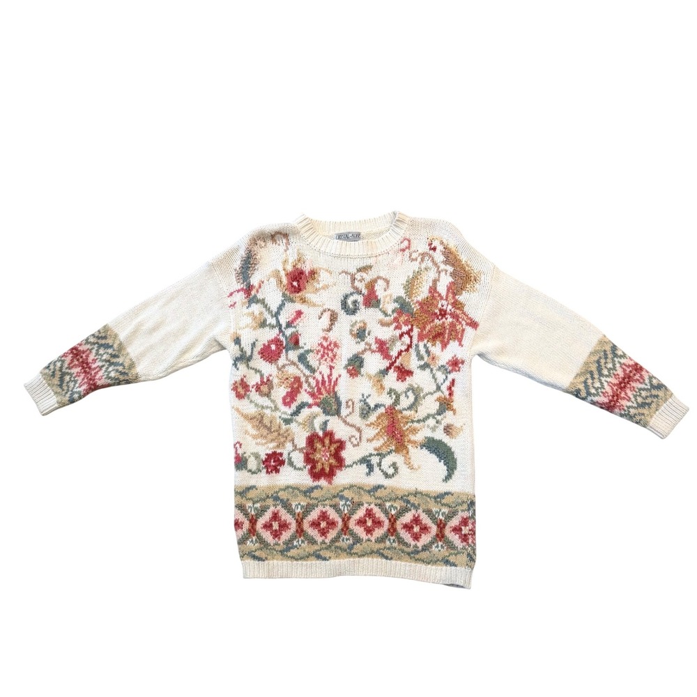Vintage 90s Crystal Kobe Floral Tapestry Sweater M - Ramie Cotton Grandmacore